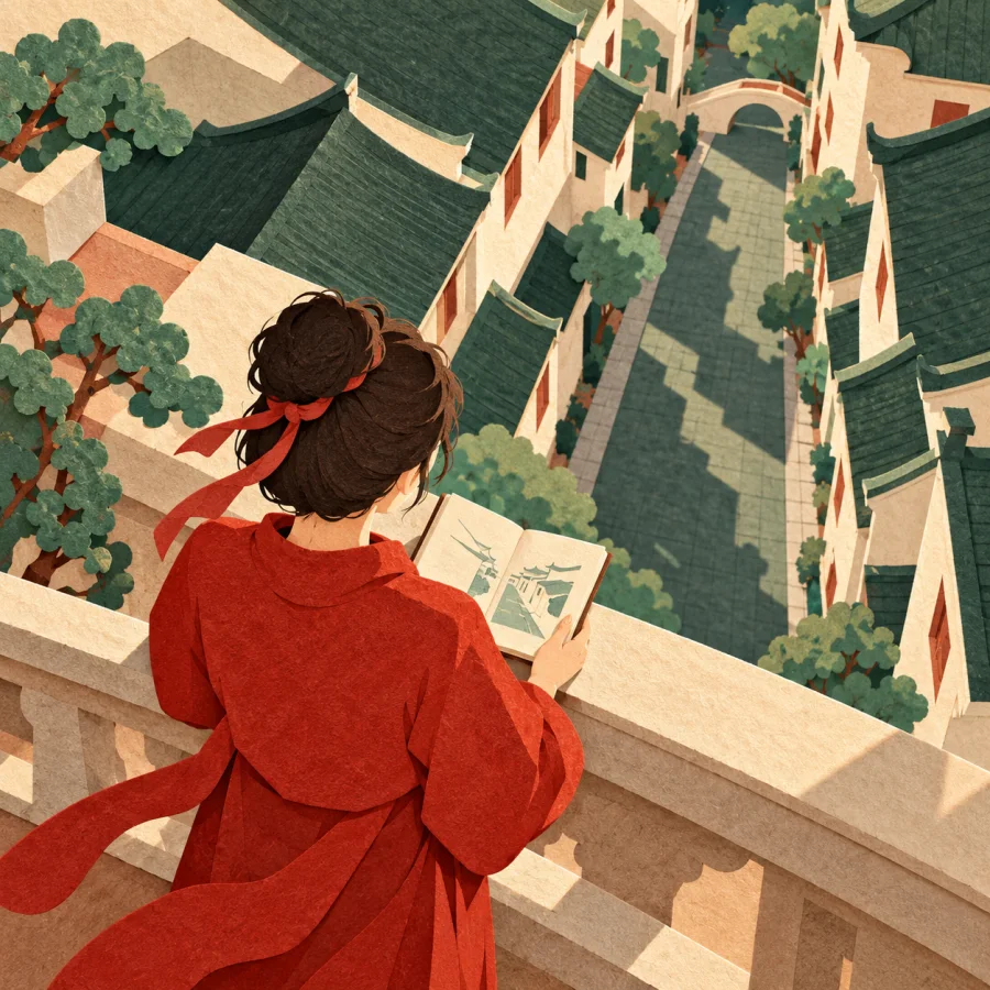 An artist looks down at a city street from above