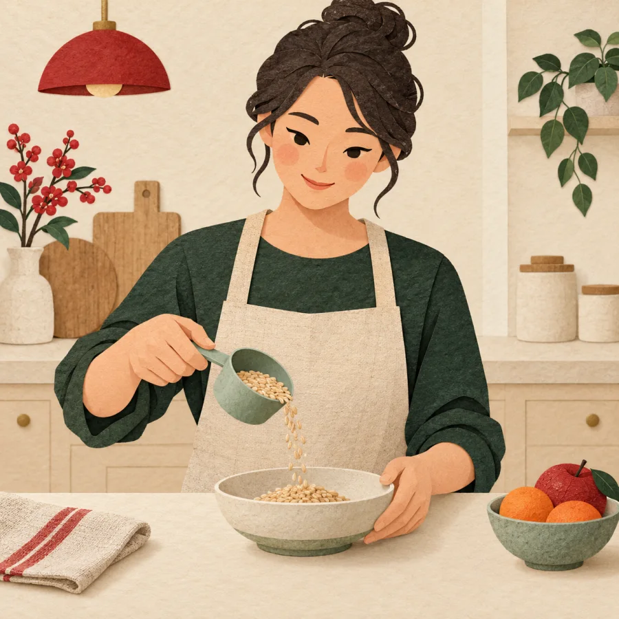 A person measures a moderate portion of food in a kitchen