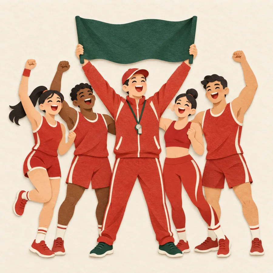 Athletes in red raise their arms around a coach holding a high banner