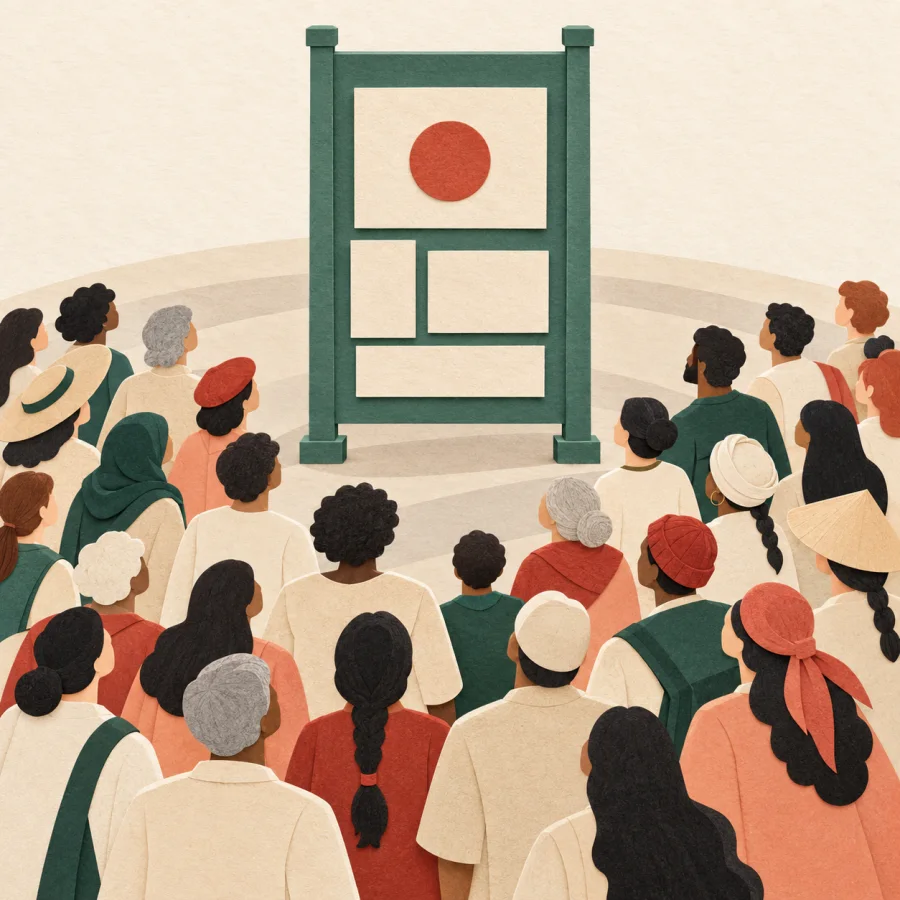 A crowd gathers around an announcement board on a square