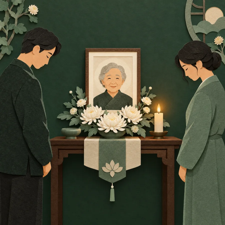 A framed portrait with chrysanthemums and a candle, mourners bowing