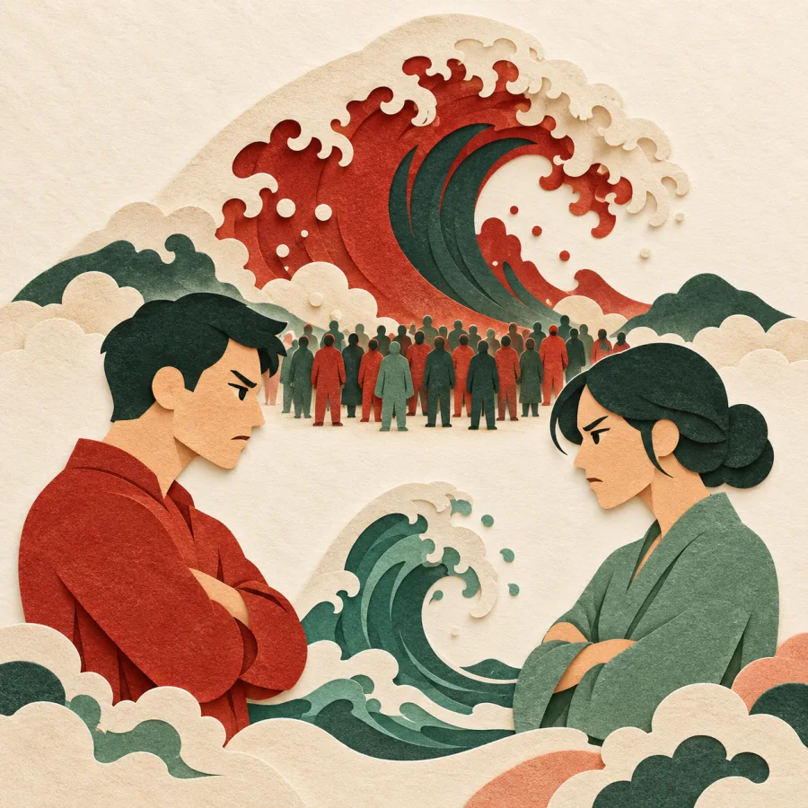 Two groups facing off as a small wave grows between them