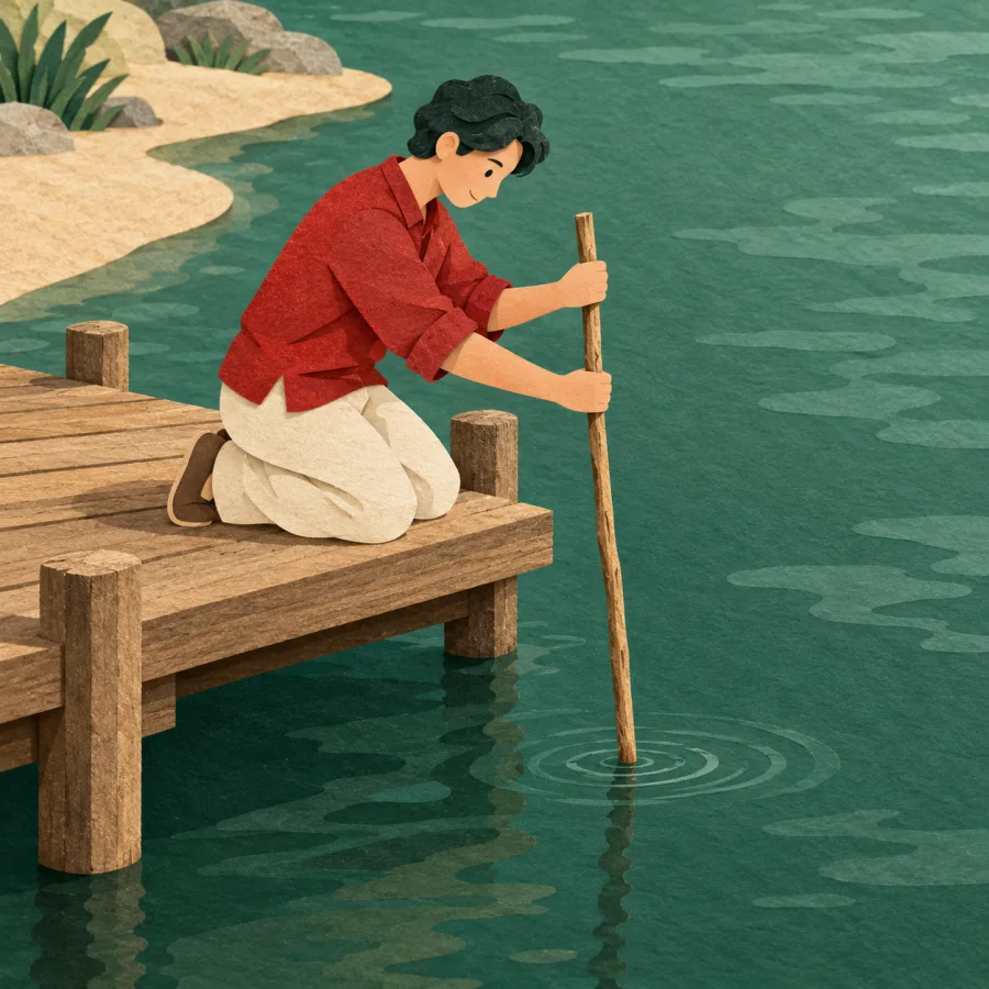 A person dipping a long stick into deep water from a dock