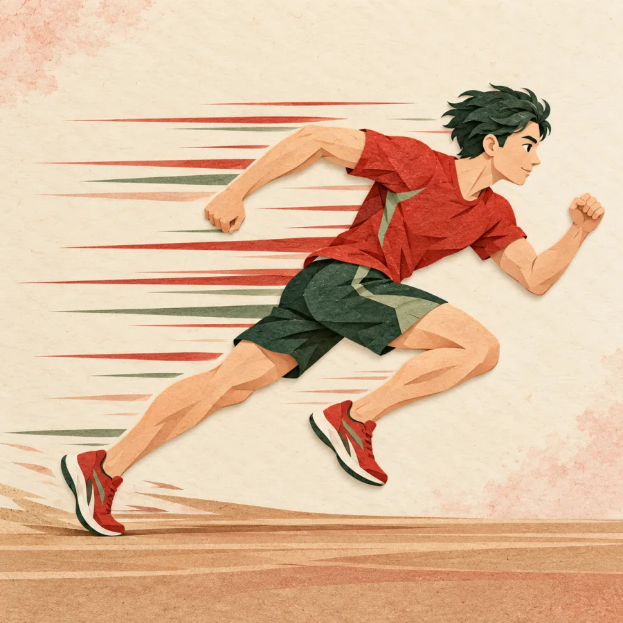 A runner leaning forward in a sprint with motion lines behind