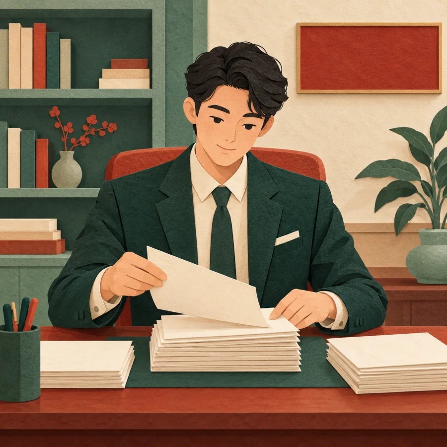 A professional reviews documents at a desk in an office
