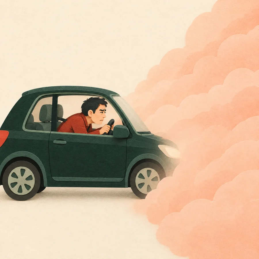 A driver peers through thick fog, unable to see the road