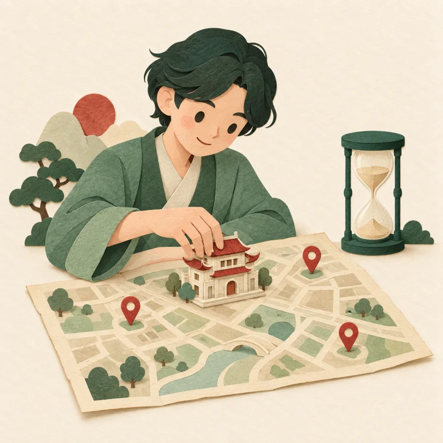A person marks three cities on a map beside an hourglass