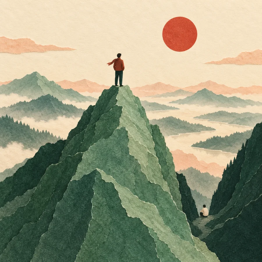 A person on a mountain top gazes far; another sits in a valley