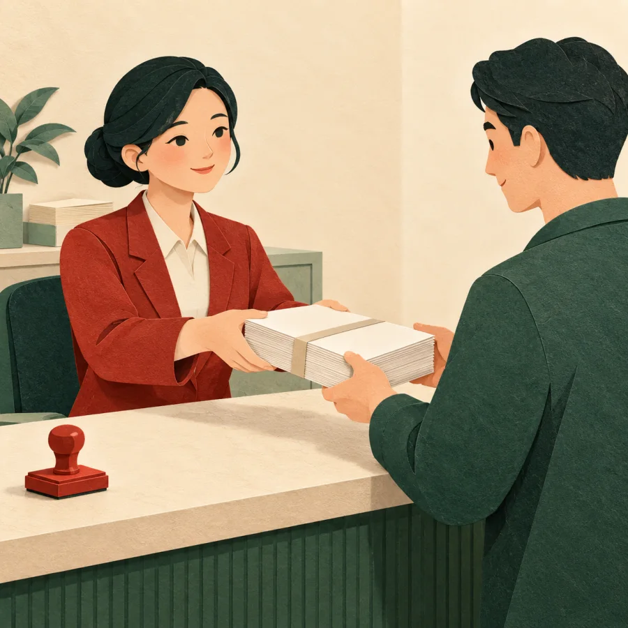 A clerk hands a visitor a neatly bound stack of documents