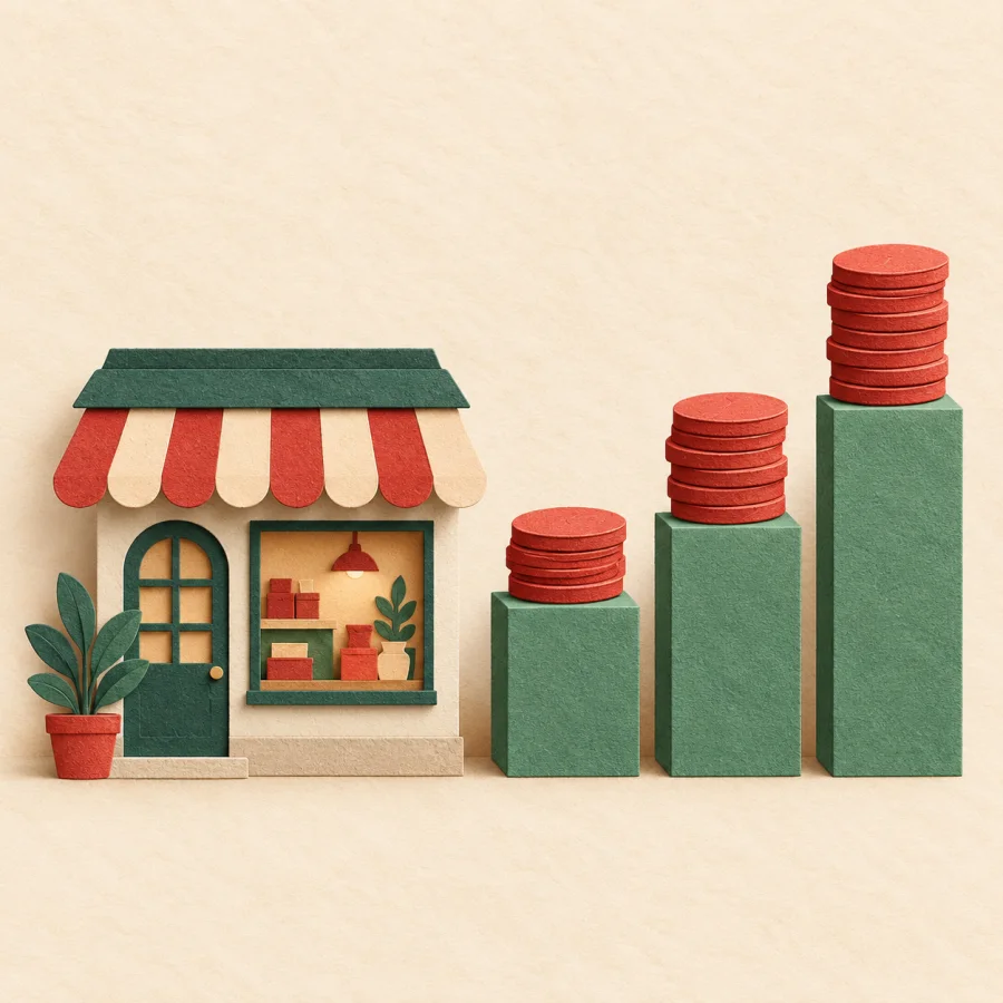 A rising bar chart beside stacked coins above a small shop building