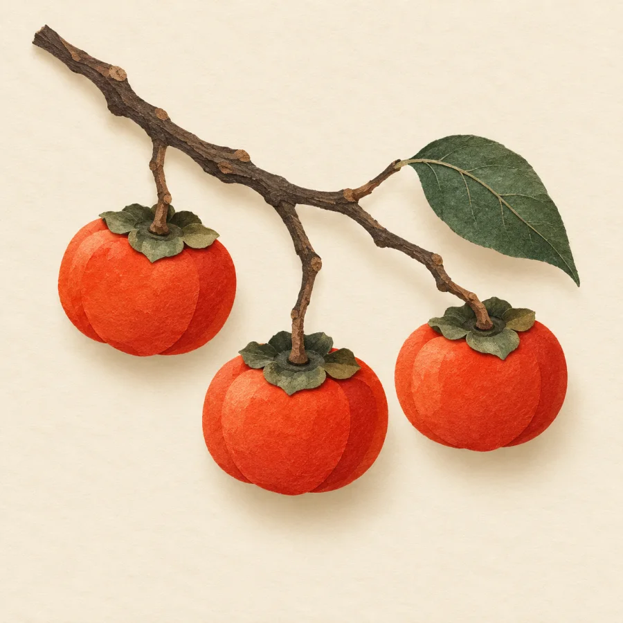 Bright red persimmons hanging on a bare branch like small lanterns