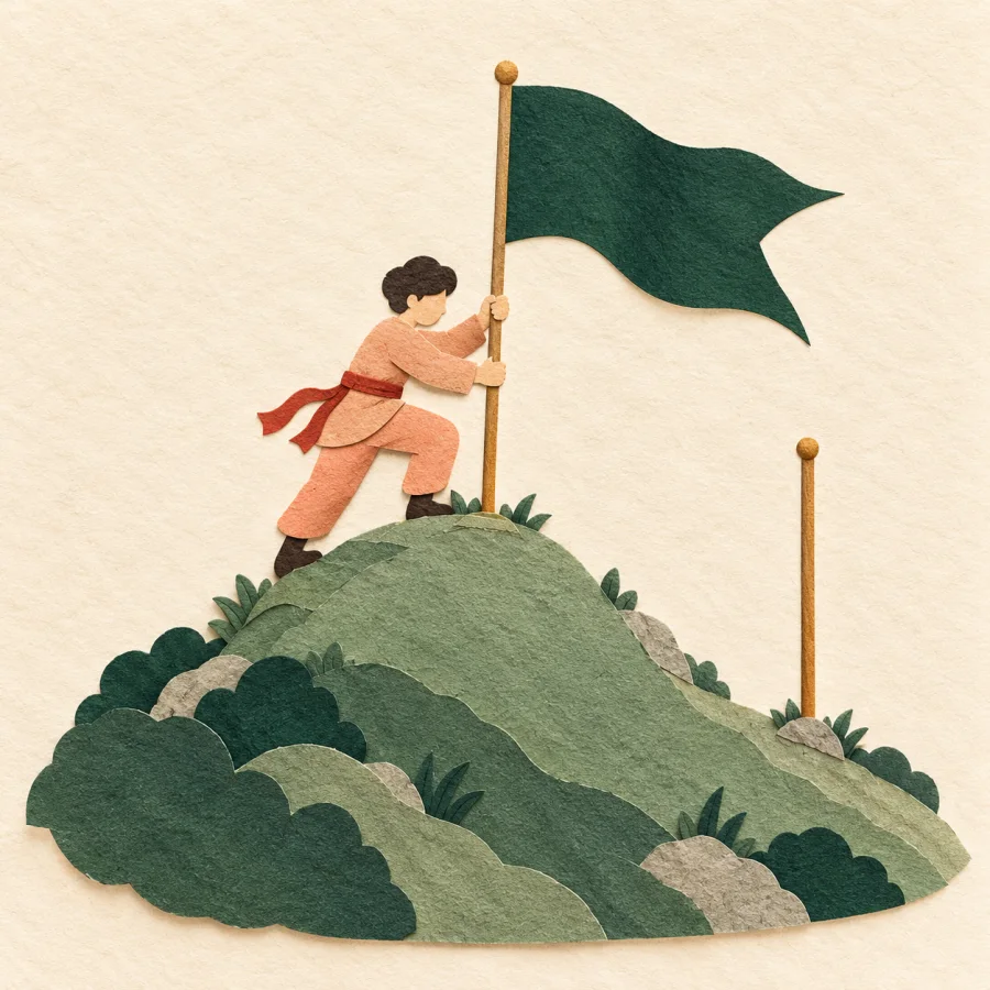 A person standing a green flag back on top of a small hill