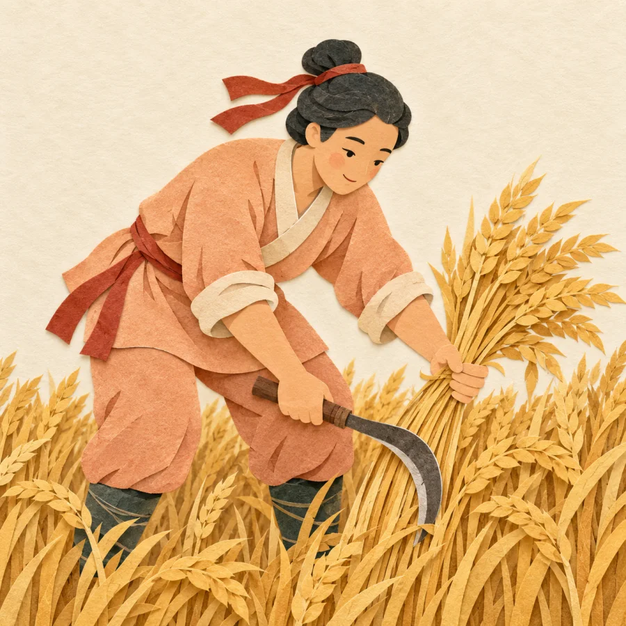 A farmer with a sickle cutting golden wheat stalks in a field