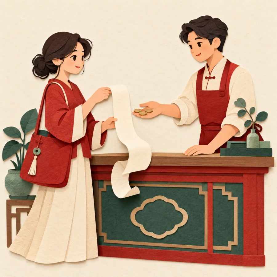 A cashier hands a receipt to a customer over a counter