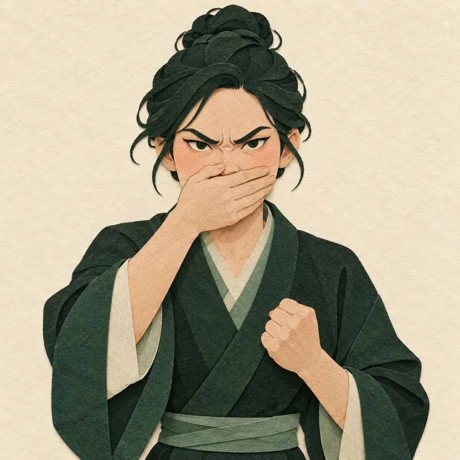A person covers their mouth with one hand, holding back an outburst