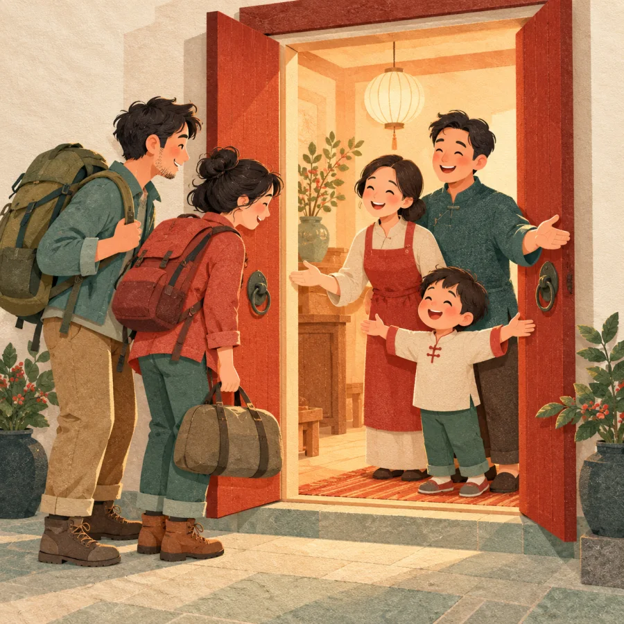 Homeowners open a door and wave a guest inside