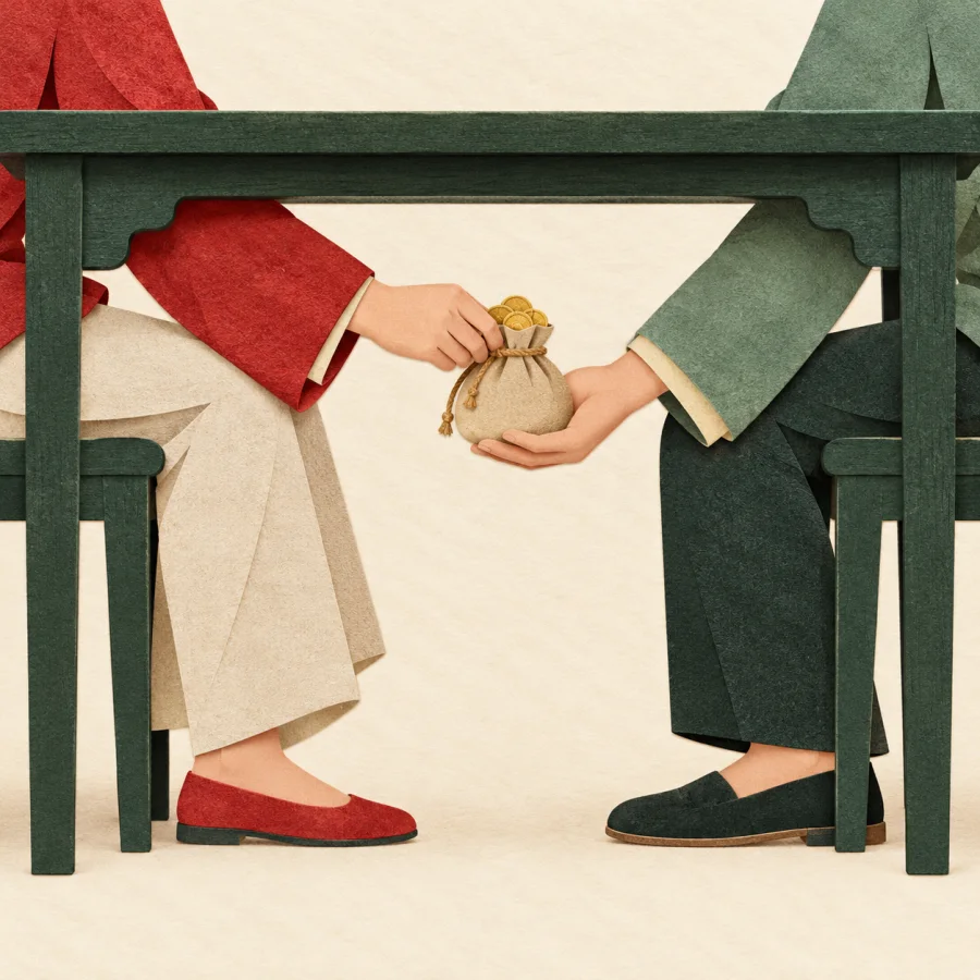 A hand secretly passes money under a table