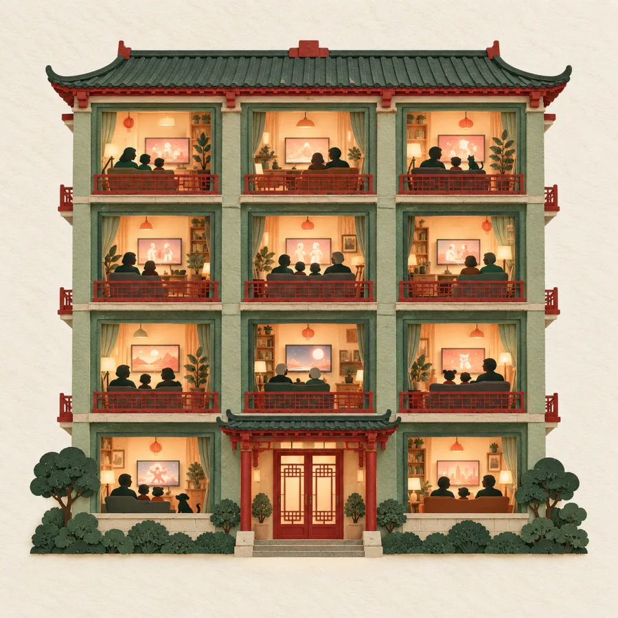 Many families in different windows watching television