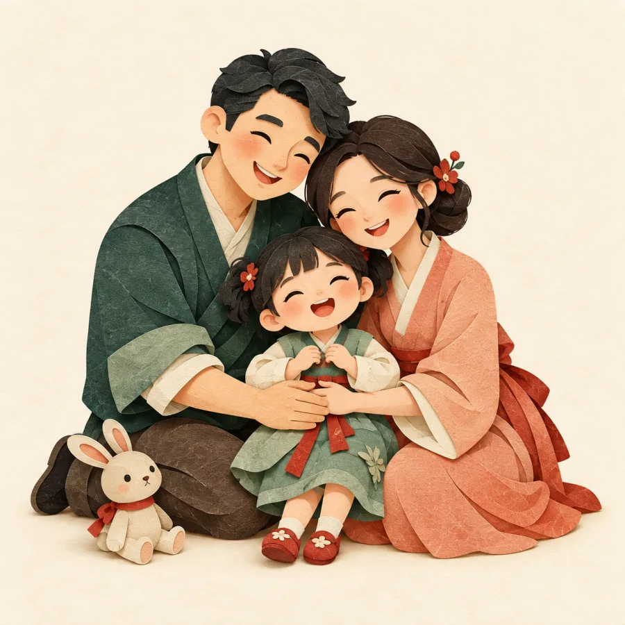 A couple embracing a small child on the ground