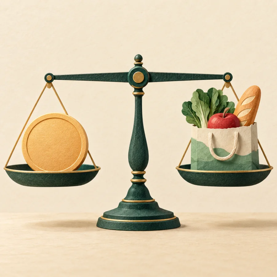 A balance scale holding a coin and a shopping bag, level