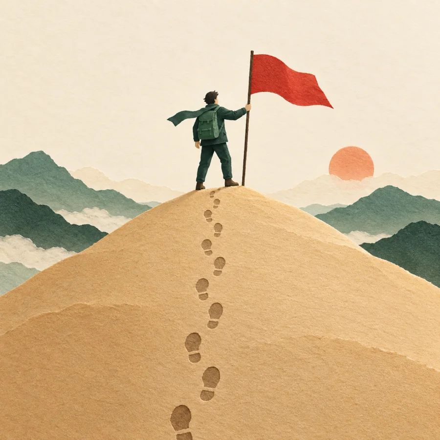 A person planting a red flag on a hilltop