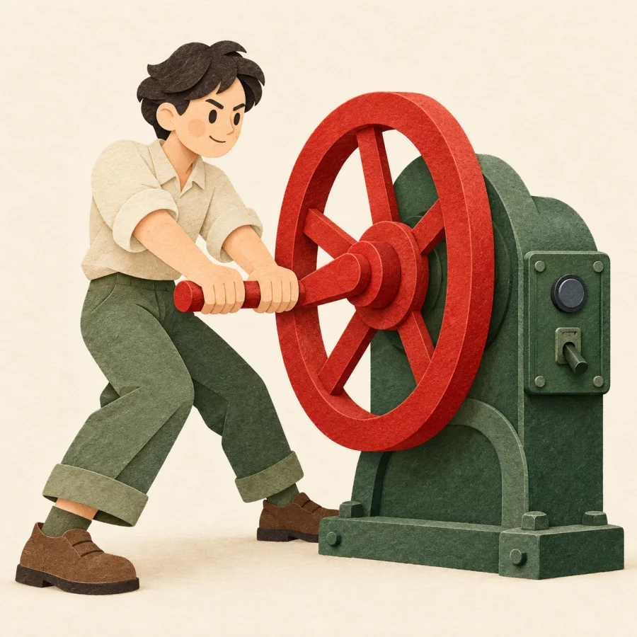A person turns a machine's hand crank instead of using the automatic panel