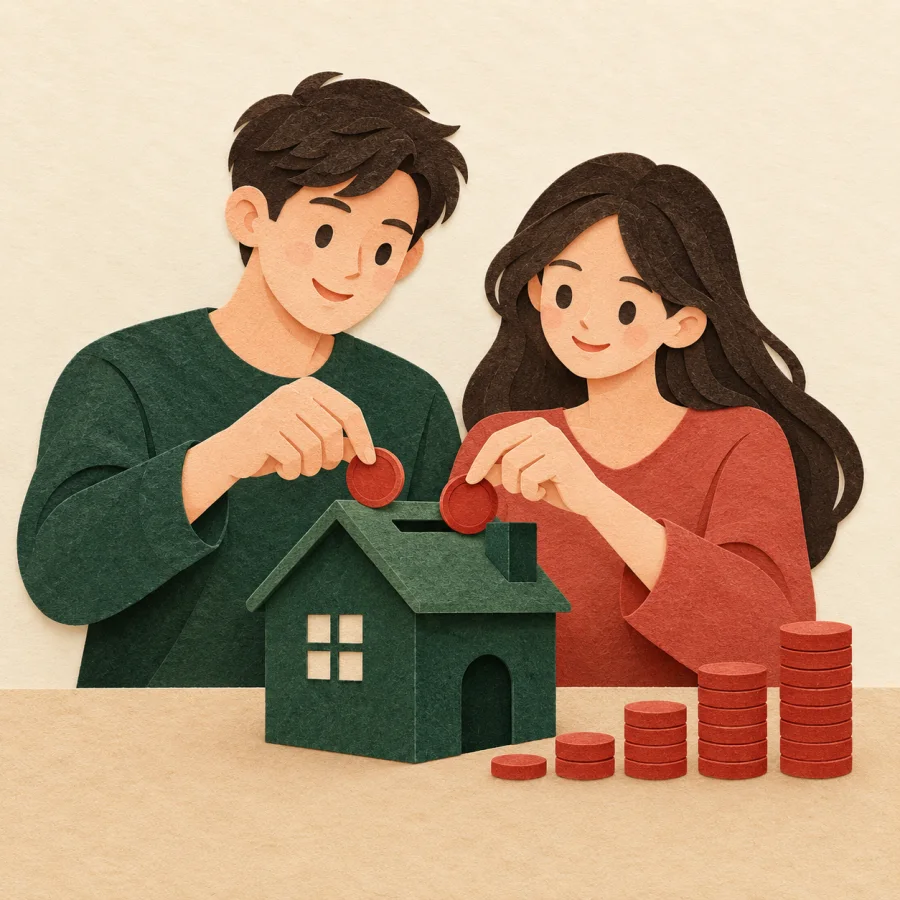 A young couple saves coins beside a small house model