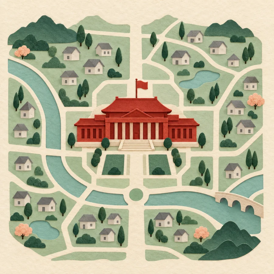 A grand government building with a flag on a city map