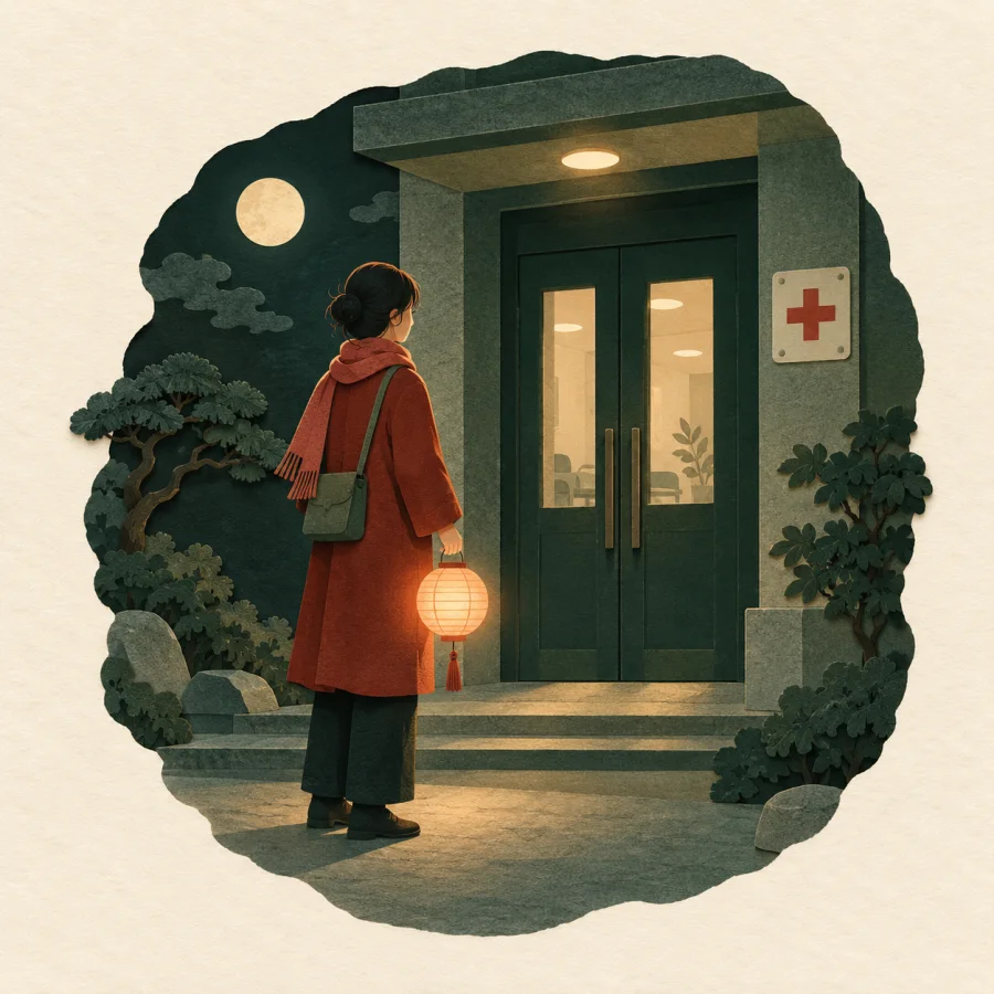 A person with a lantern waits all night at a hospital door