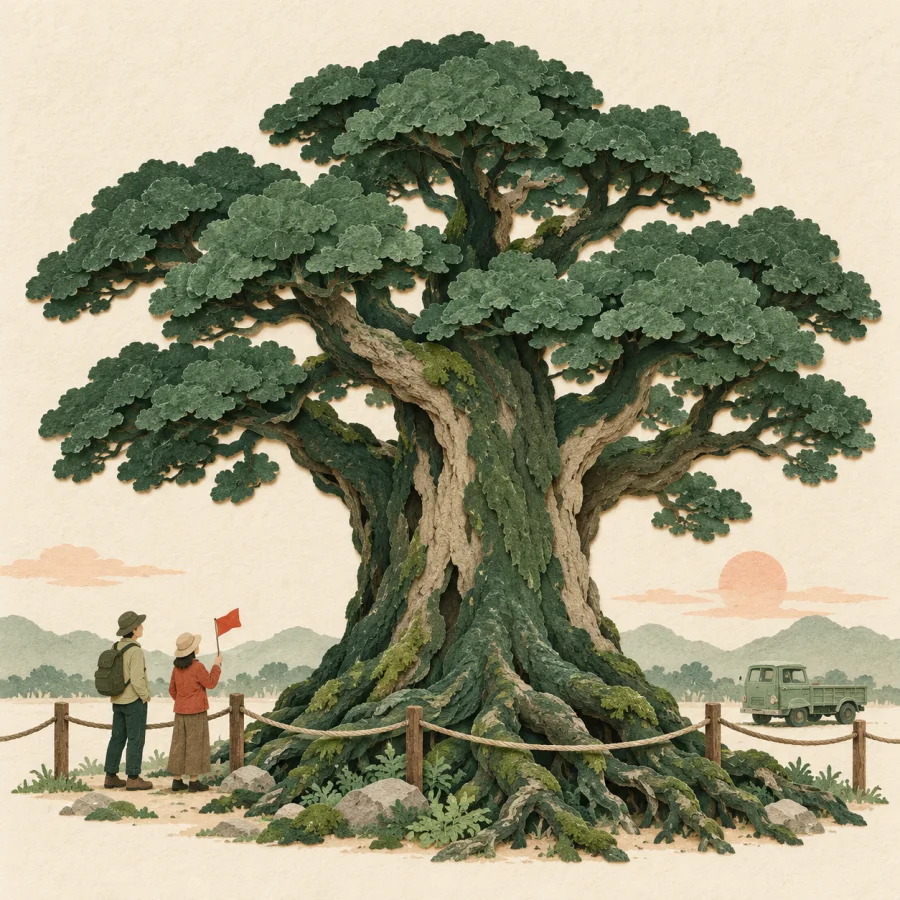 Two people take turns guarding a large old tree