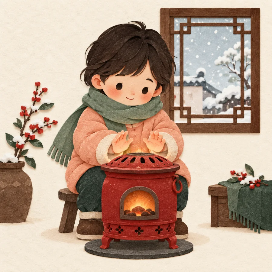 A child warms reddened hands over a small stove in winter