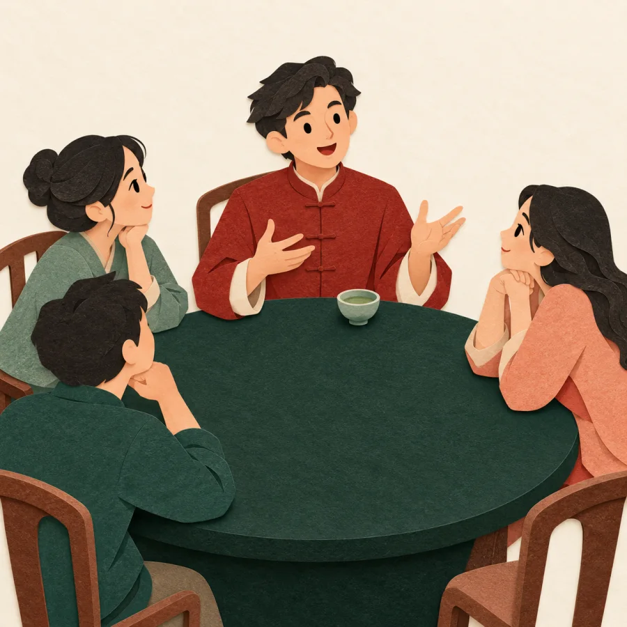 A person at the head of a round table speaks to colleagues