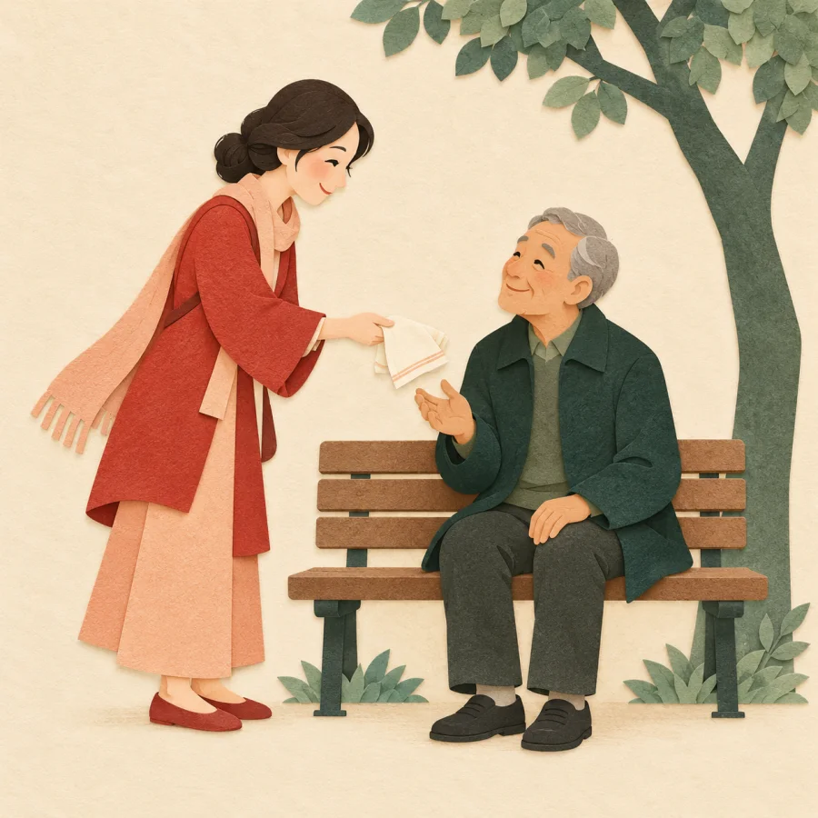 A woman offers a handkerchief to an older man on a bench