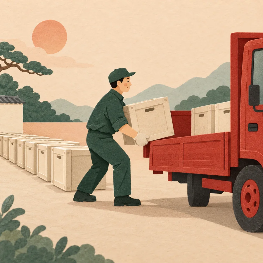 A worker loads the nearest crate onto a red truck