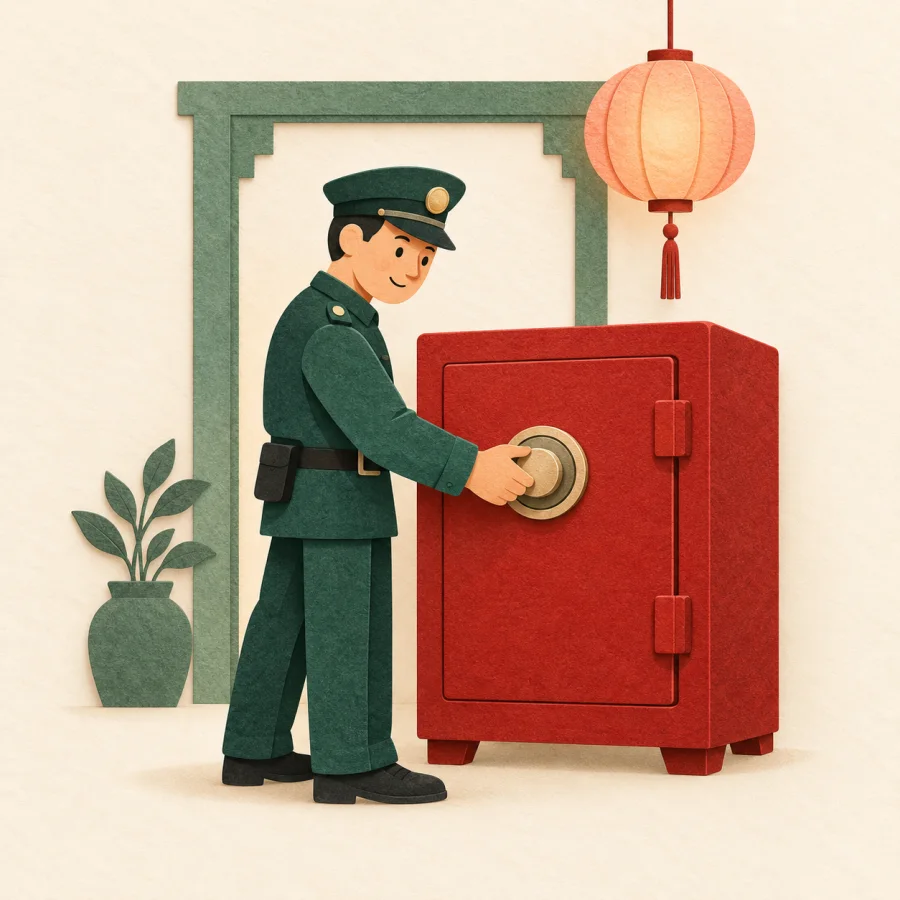 A guard turns a safe dial by a doorway under a lantern