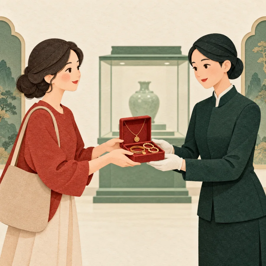 A woman hands a box of jewellery to a museum worker