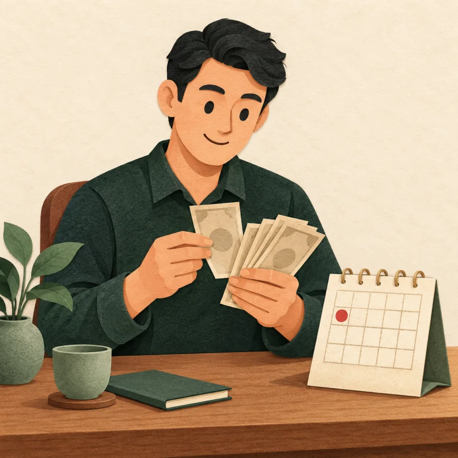 A person counts banknotes beside a project calendar