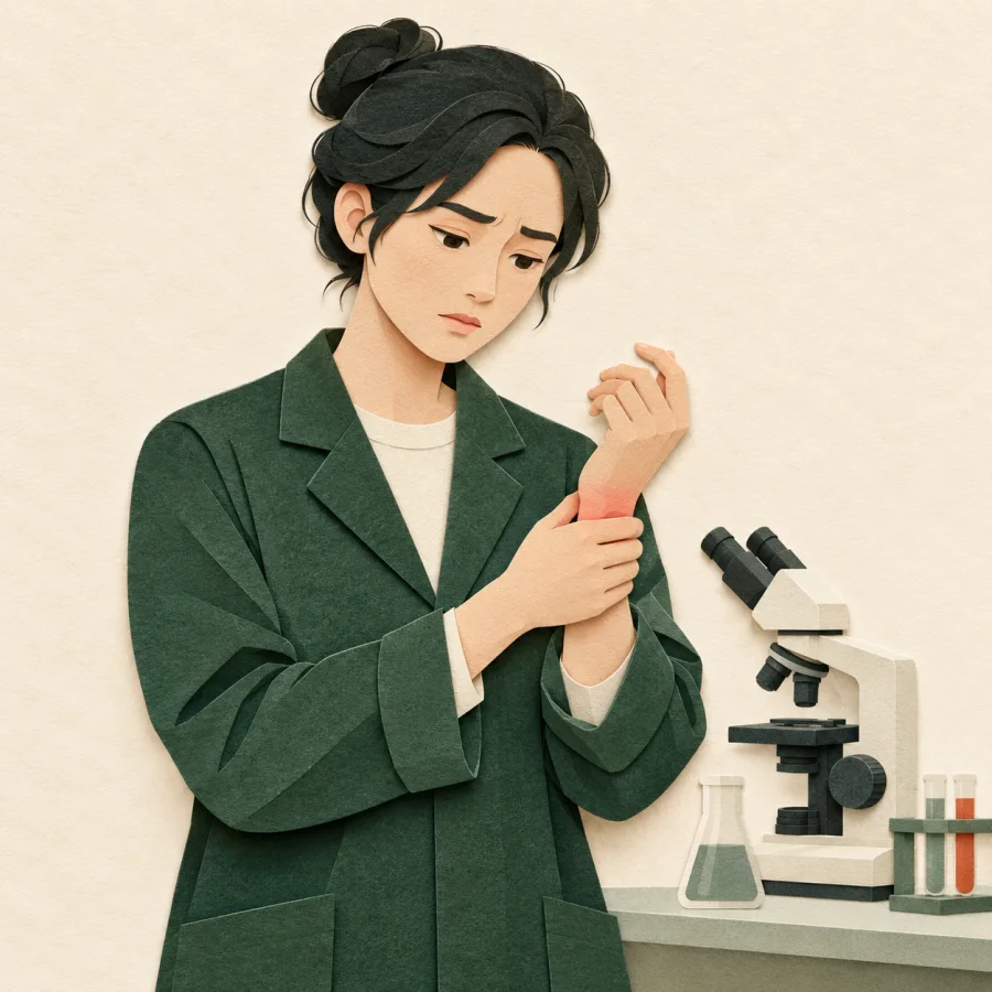 A person works with a microscope, holding their aching wrist