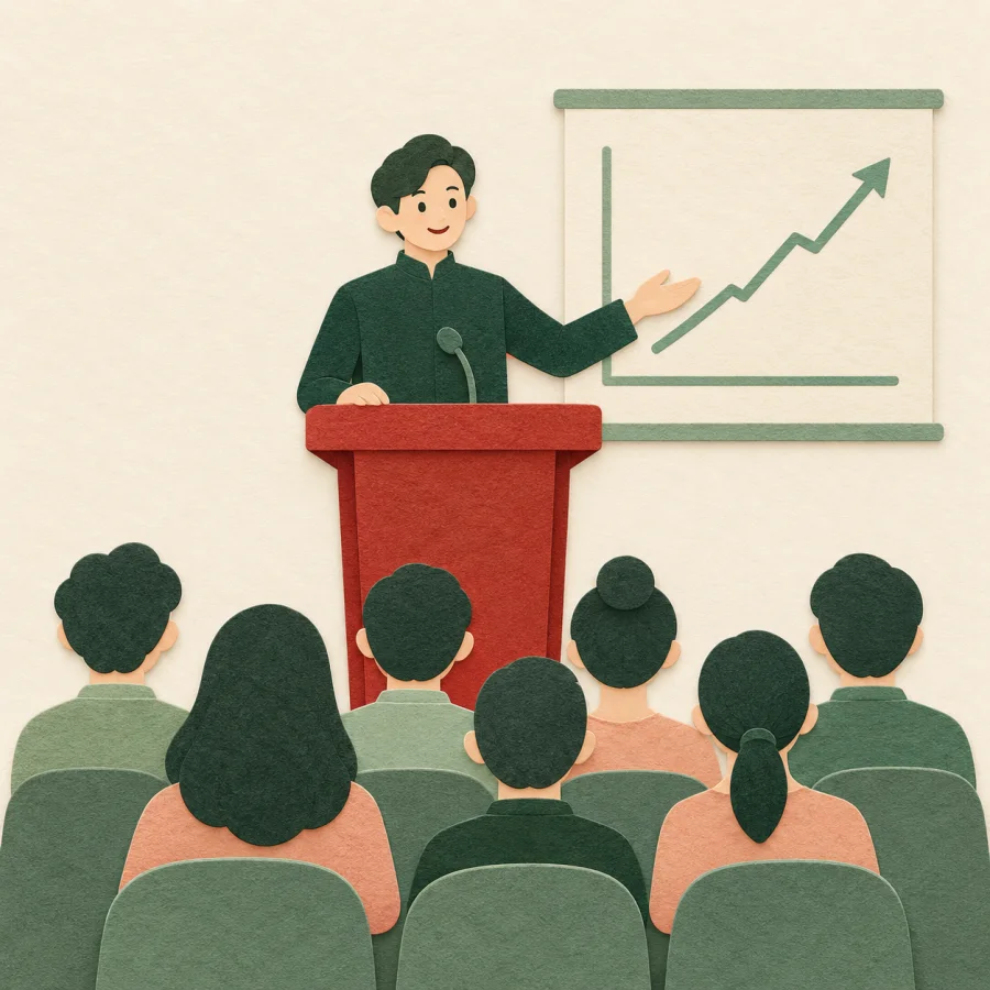 A person at a red podium shows a rising graph to seated listeners