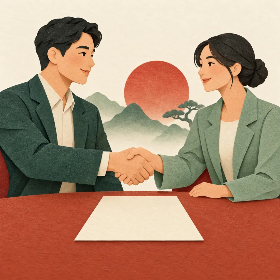 Two business partners shake hands beside a signed contract
