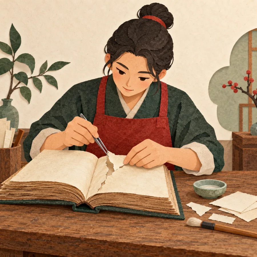 A craftsman at a desk repairs a page of an ancient book