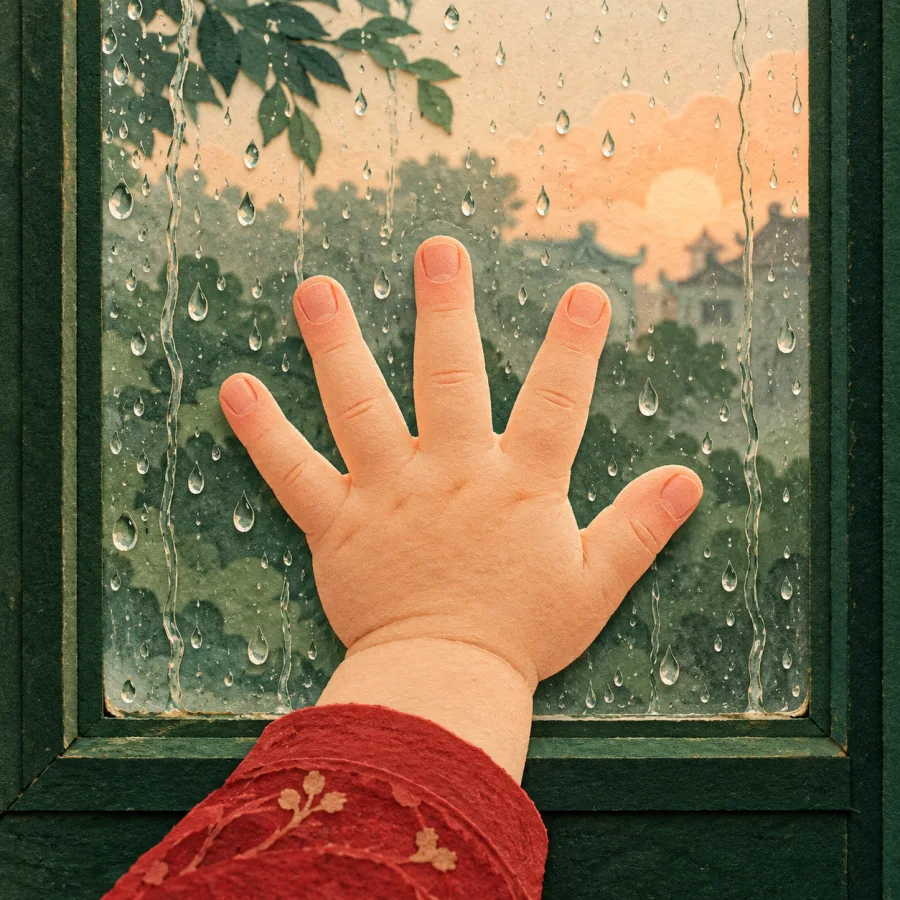 A baby's palm pressed against a windowpane in the rain