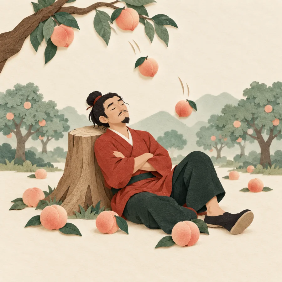 A man naps by a stump while ripe peaches fall unharvested