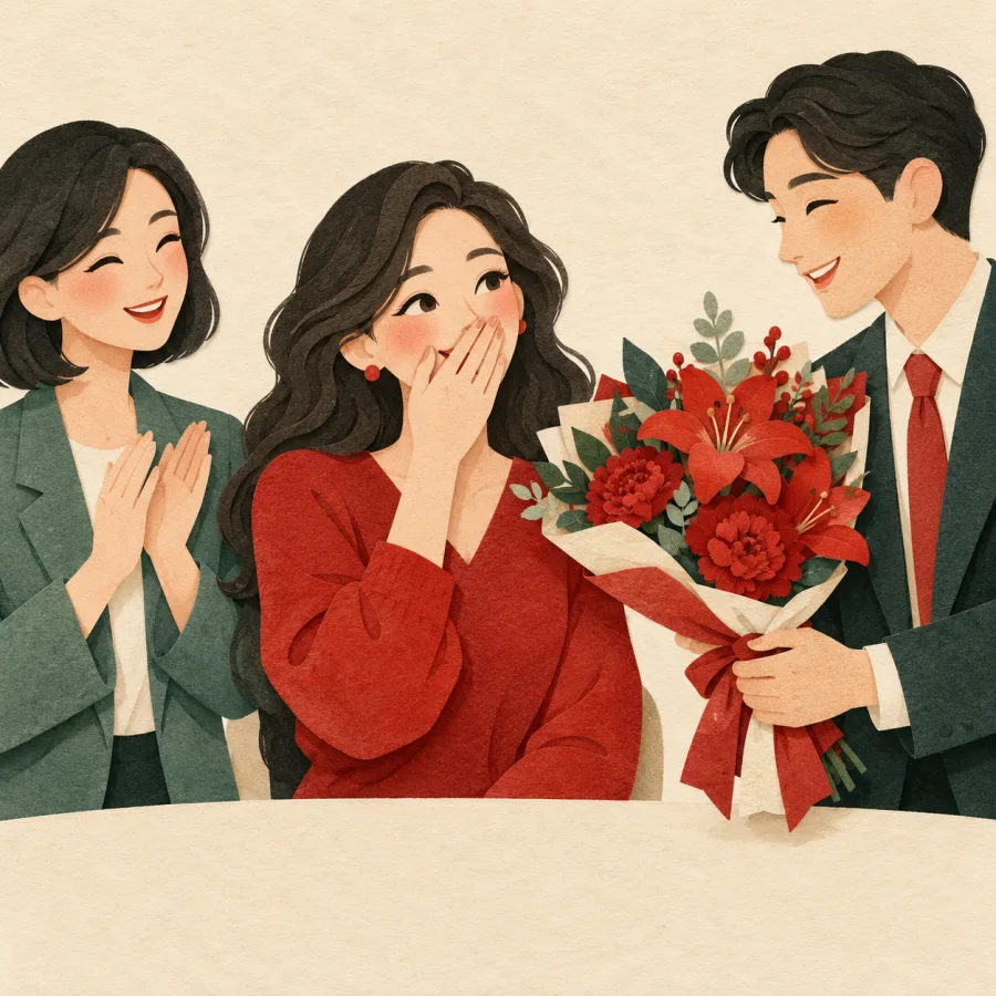 A woman covers her mouth in surprise as colleagues give her flowers