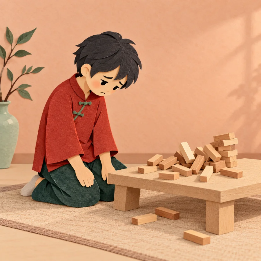 A person stares at a toppled tower of wooden blocks