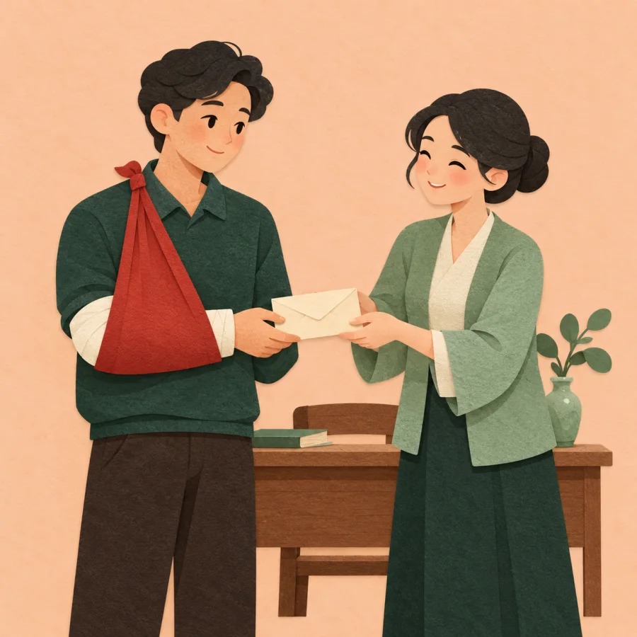 An injured person receives a compensation envelope from another figure.