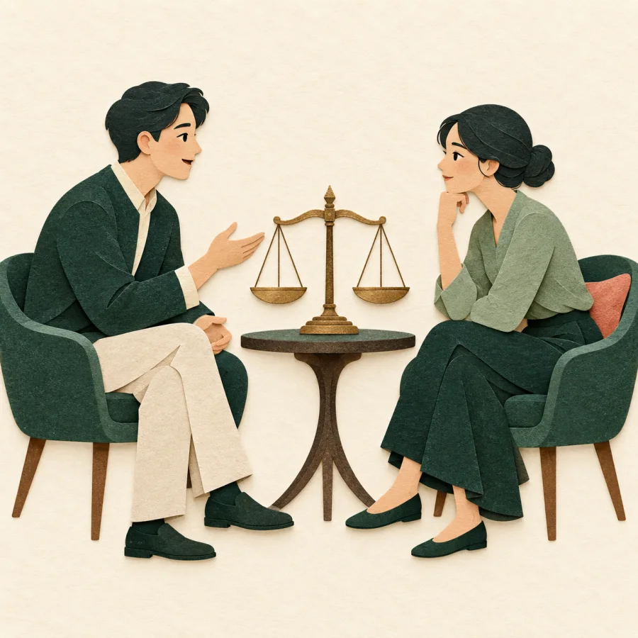 A seated person speaks while a listener has balanced scales on a table.