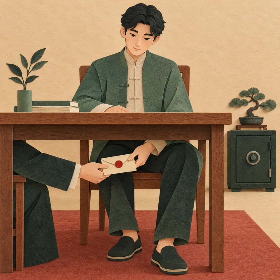 A figure at a desk secretly accepts an envelope from another hand.
