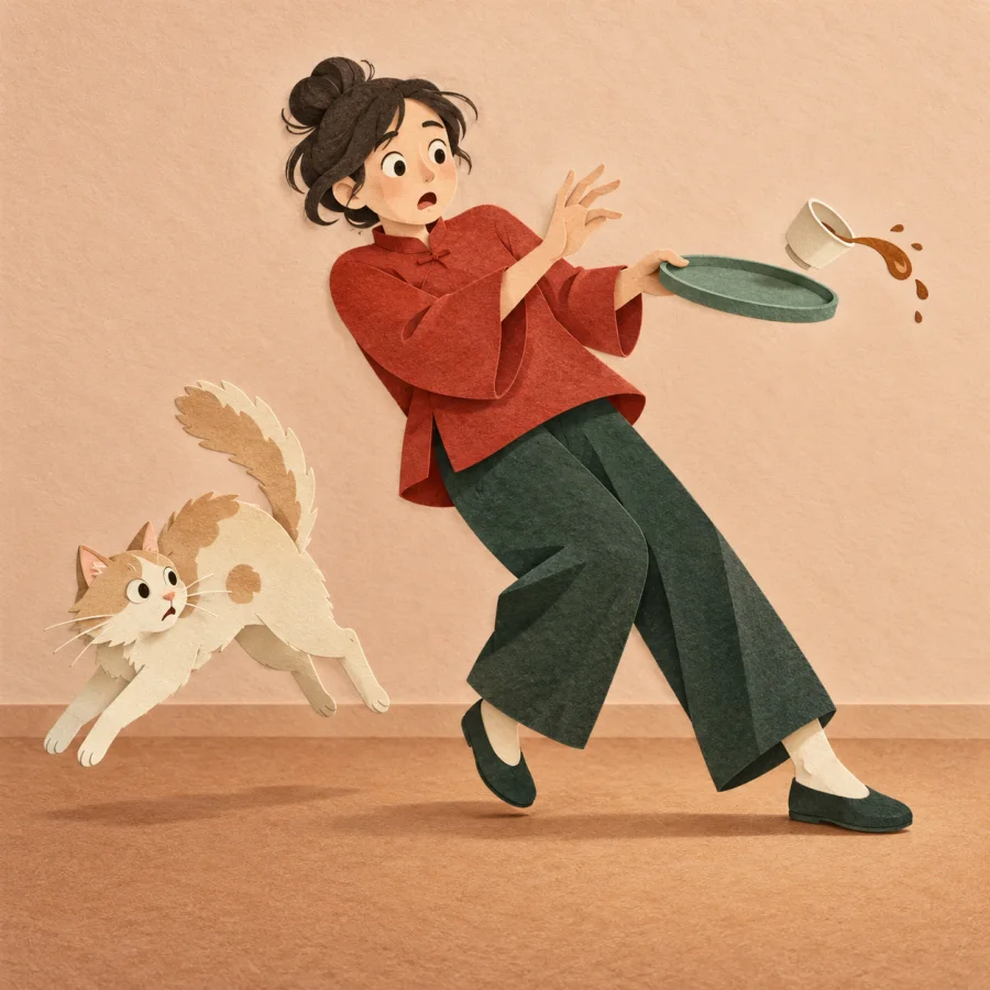 A startled person drops a cup while a cat leaps away.