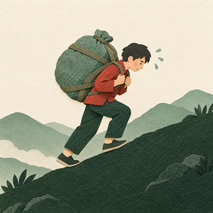 A weary person climbs a steep hill under a heavy sack.